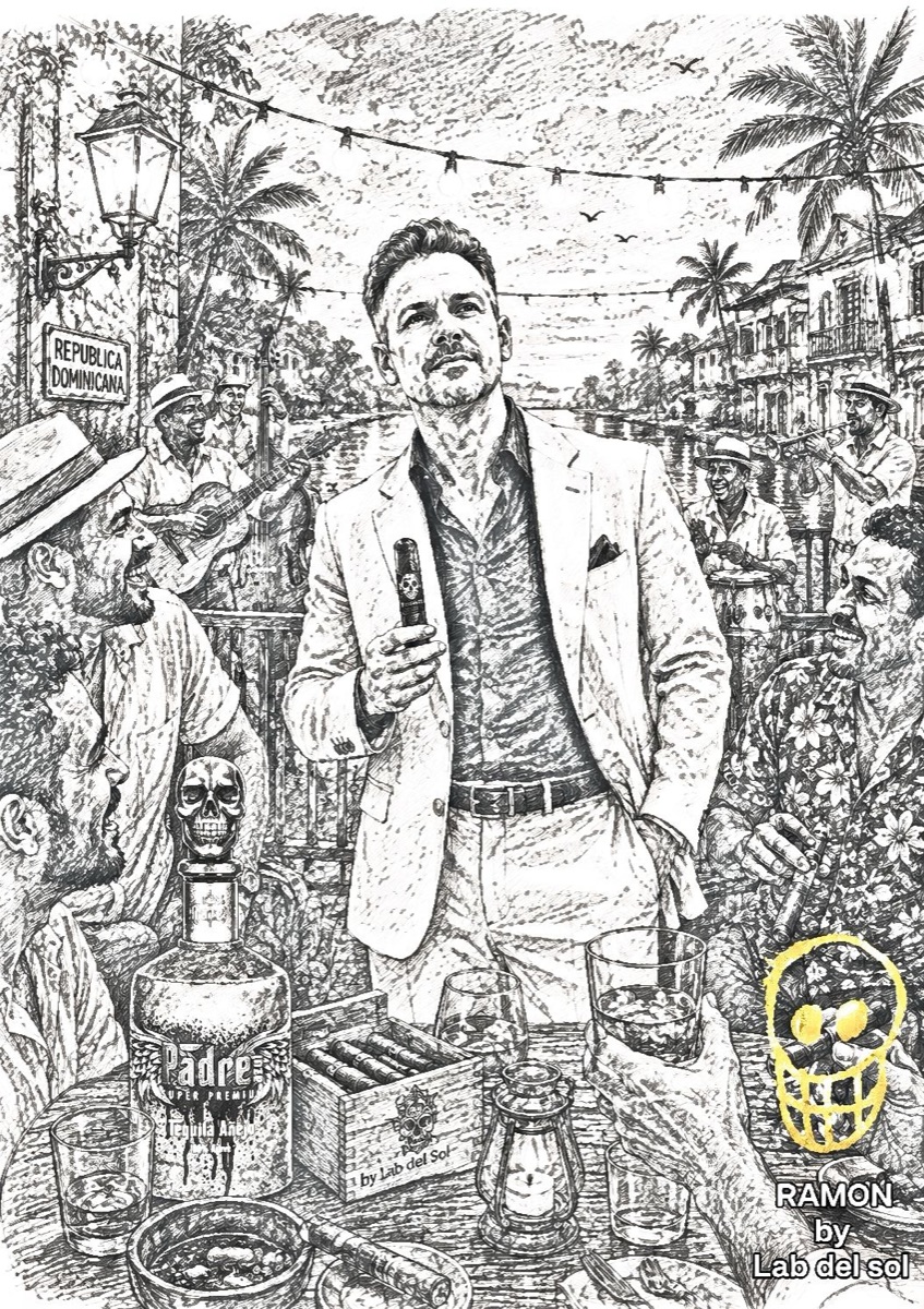 Illustration of Ramon by Lab del Sol enjoyed with Padre Azul tequila at a Dominican street gathering